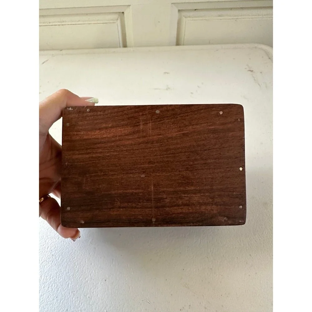 Vintage Hand Carved Inlaid Brass Accent Wooden Jewelry Trinket Keepsake Box